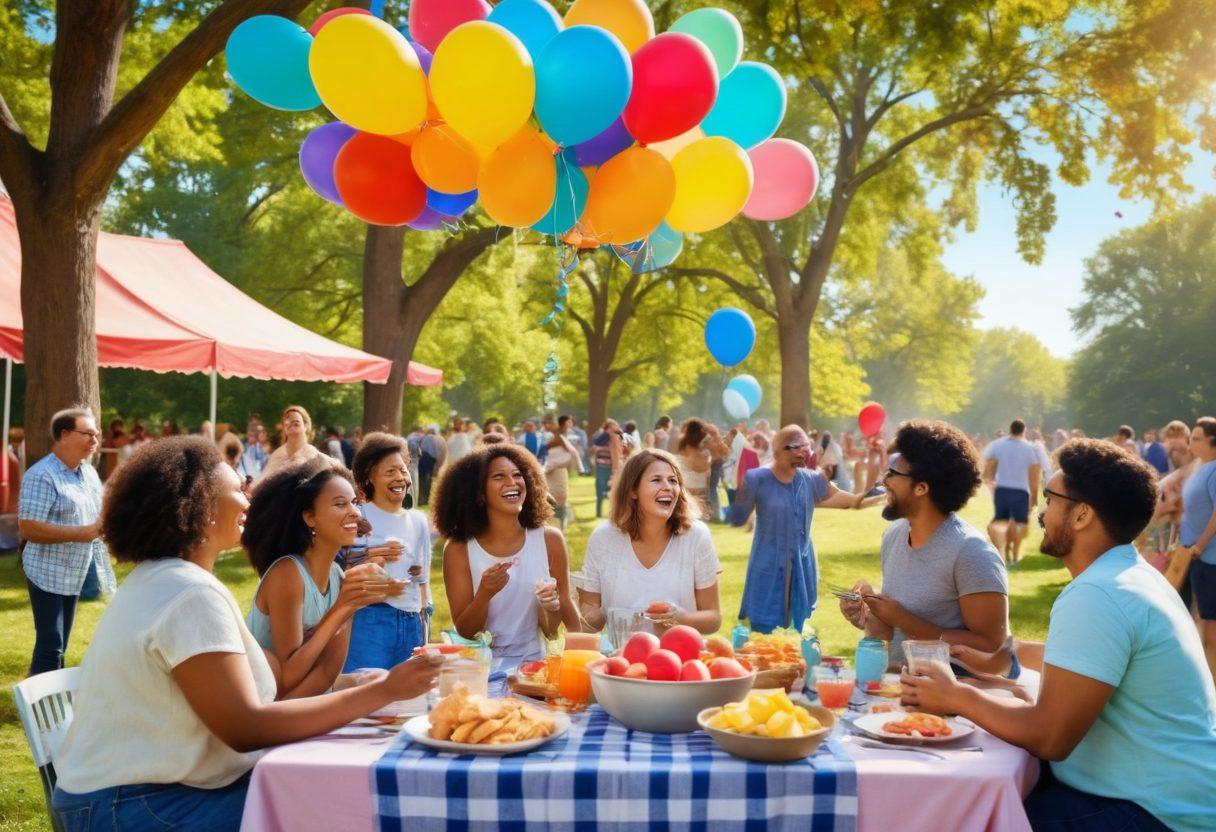 A vibrant community gathering scene featuring diverse groups of people joyfully participating in a potluck picnic in a park, surrounded by colorful banners and balloons symbolizing togetherness. In the background, trees and a bright blue sky create a warm atmosphere filled with laughter and happiness. Emphasize shared moments like storytelling and games that highlight connection. super-realistic. vibrant colors. warm tones.