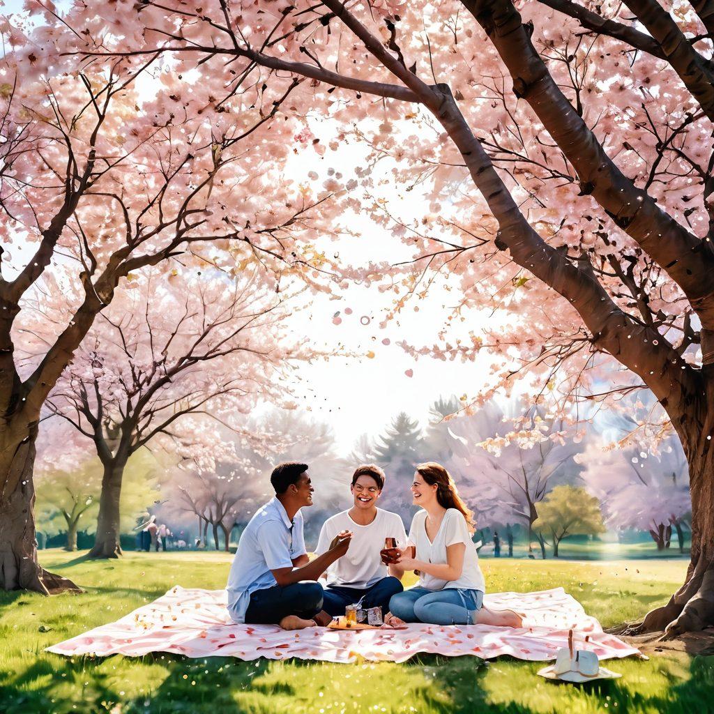 A warm, inviting scene of two people sitting on a picnic blanket under a blooming cherry blossom tree, sharing laughter and a heartfelt conversation, surrounded by floating heart-shaped bubbles that symbolize affection. The sunlight filters through the leaves, casting a soft glow on their faces, highlighting the depth of their connection. A gentle breeze rustles the petals around them, creating a serene atmosphere. watercolor style. pastel colors. serene background.
