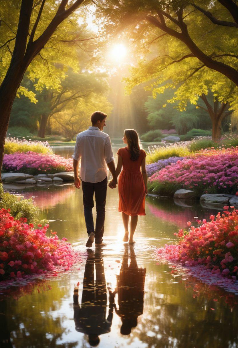 A heartwarming scene depicting a couple walking hand-in-hand through a vibrant, sunlit park, where petals from blooming flowers drift around them, signifying growth and intimacy. In the background, soft silhouettes of trees and a serene pond enhance the atmosphere of connection and love, while the sunlight filters through the leaves, creating a magical glow. super-realistic. vibrant colors. tranquil setting.